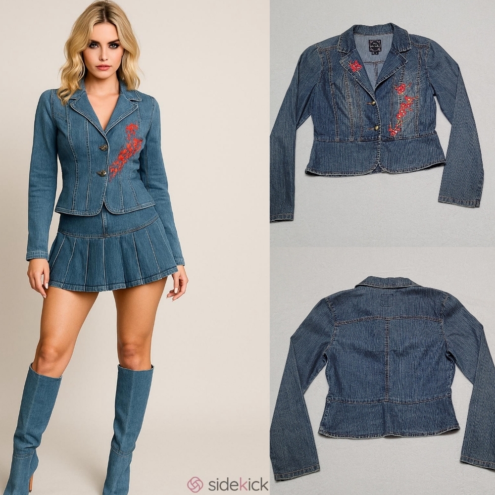 90s Vintage My Michelle Mid-Wash Blue Stretch Denim Red Floral Embroidery Jacket